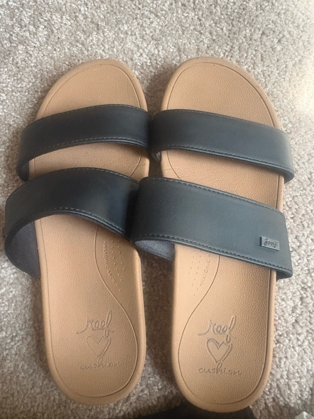 REEF Cushion Black Double-Strap Slide Sandals with Tan Footbed - Picture 4 of 5